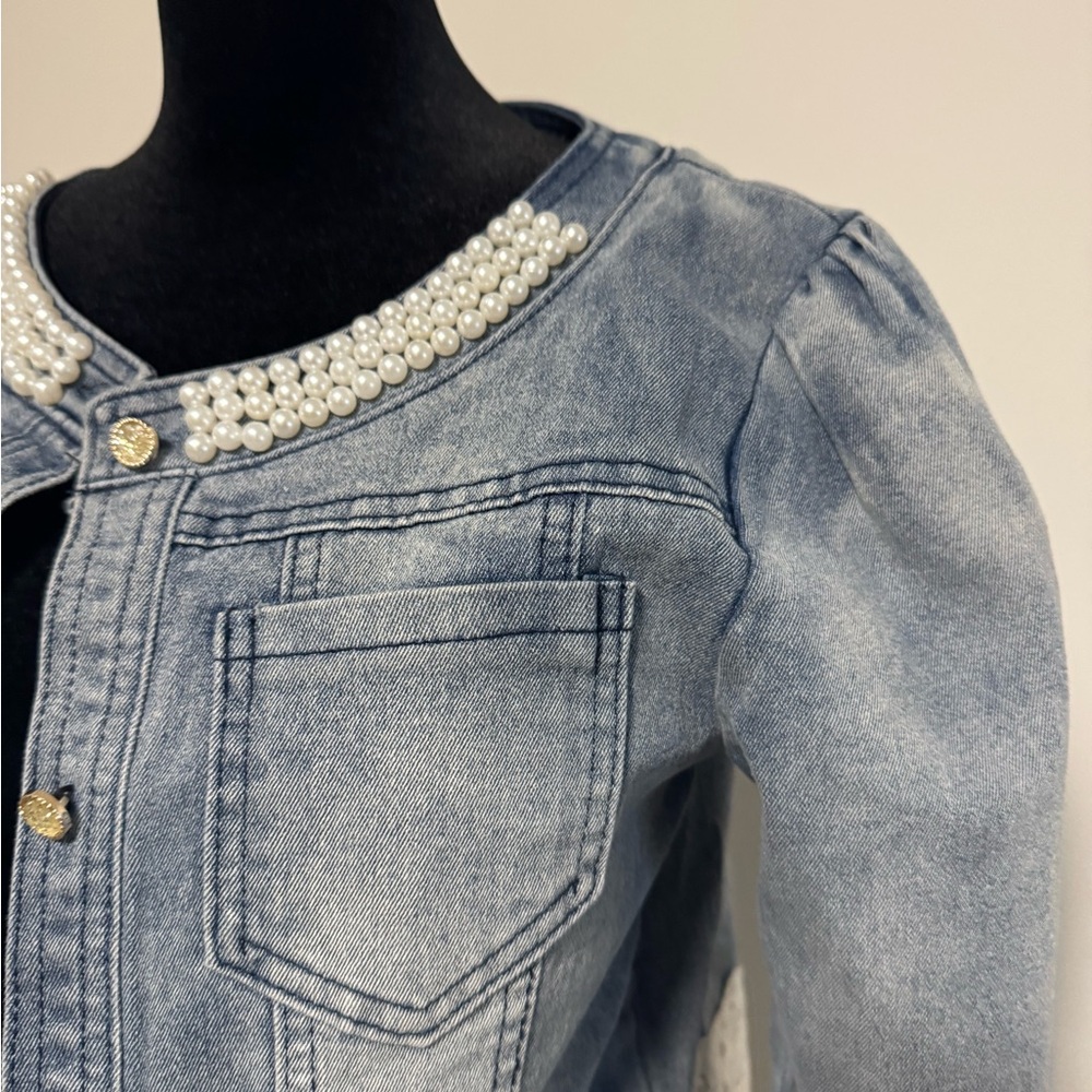 Elegant Lace & Pearl Trimmed Denim Jacket by Military Hippie size small - Picture 4 of 10